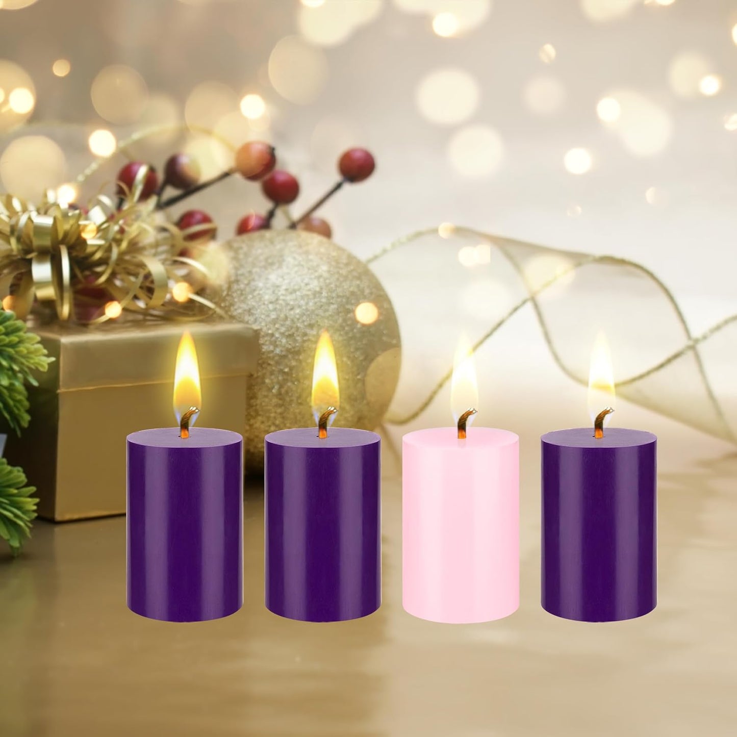 Unscented Christmas Advent Candles Set - 4 Hand Poured 2x3 Inch Premium Wax Pillars