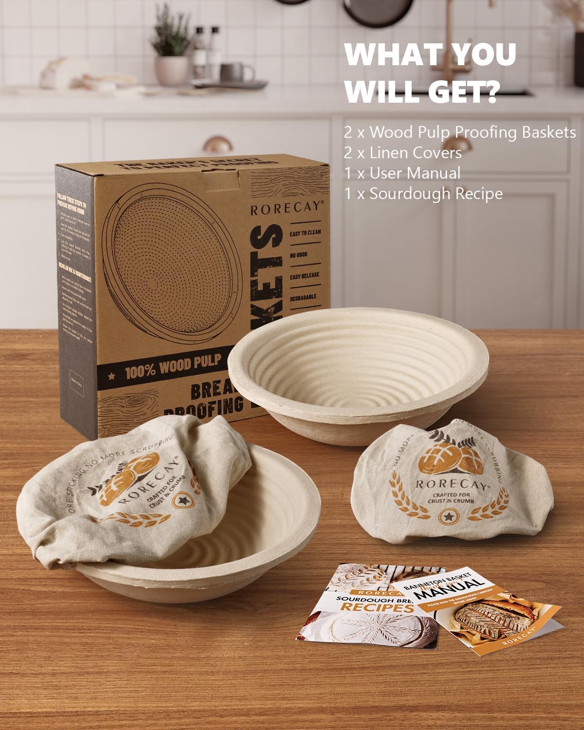 Wood Pulp Banneton Bread Proofing Baskets - Set of 2, 9 Inch Round Non-Stick Sourdough Bowls