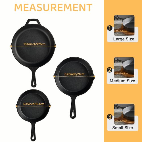 EWFEN Cast Iron Skillet 3-Piece Set, Heavy-Duty Professional Restaurant Chef Quality Pre-Seasoned Pan Cookware Set, 6", 8", 10" Pans For Frying, Saute, Cooking, Use Indoor/Outdoor, Oven, Grill