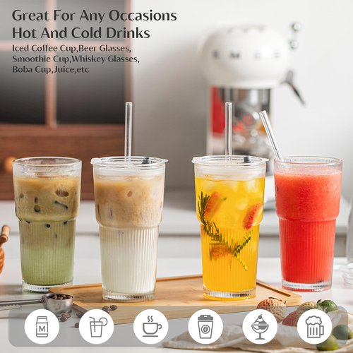 INSETLAN 530ml Glass Cups with Straws & Straw Cleaner, Set of 4, Clear Ribbed Drinking Glasses with Plastic Lids for Water, Juice, Iced Coffee & Smoothies, Dishwasher Safe
