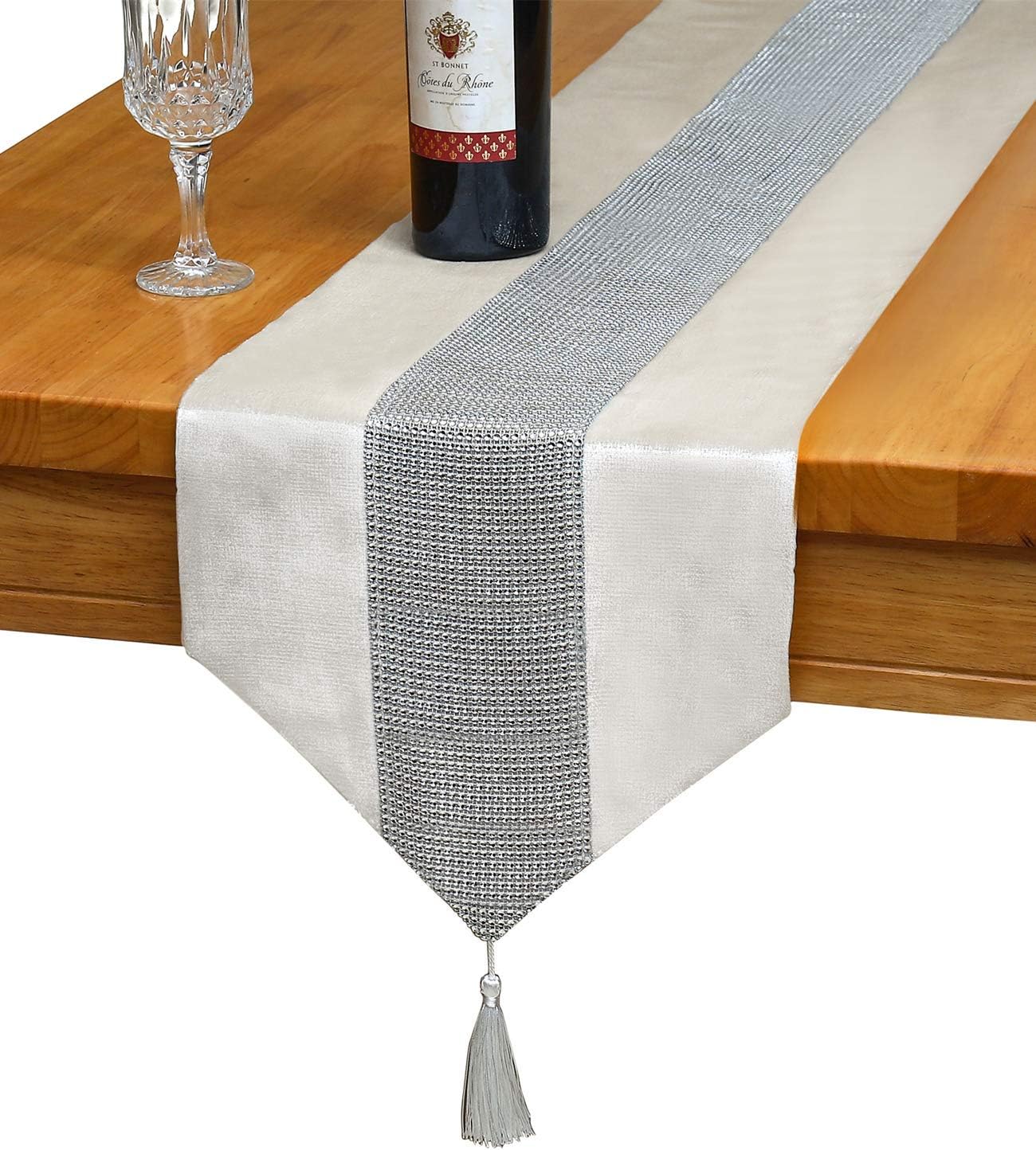 Red 13x72 Inch Table Runner with Diamante Strip & Tassels - Elegant Home Decor