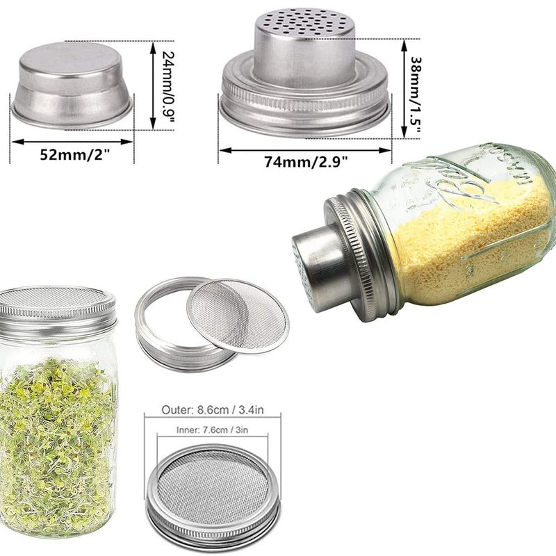 Mason Jar Shaker Lid 316 Stainless Steel Wide Mouth Mason Jar Sprouting Mesh Strainer Lids Kits for Mason Jars Canning Lid 4 Pack Silver