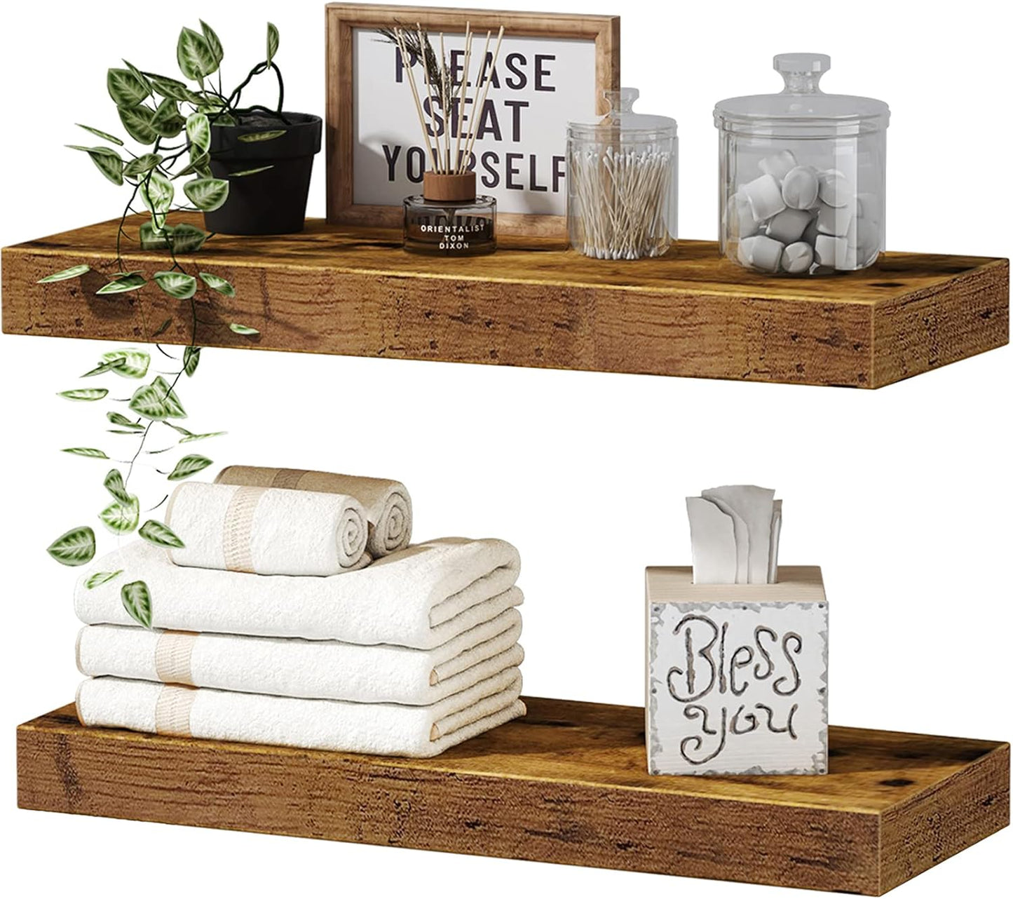 QEEIG Floating Shelves Set - Farmhouse Style 16 Inch Shelves & Over Toilet Storage | 2+3 Bundle