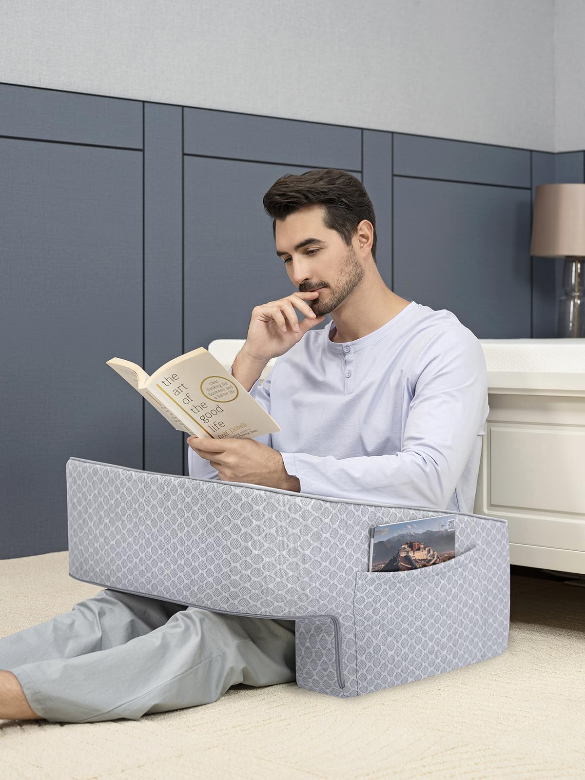 Comfyt Reading Pillow with Foam, Large Lap Desk Pillow with Pocket Arm Rest Pillow can Reading Working in Bed Floor Sofa Back Support for Sitting Up in Bed with Washable Cover