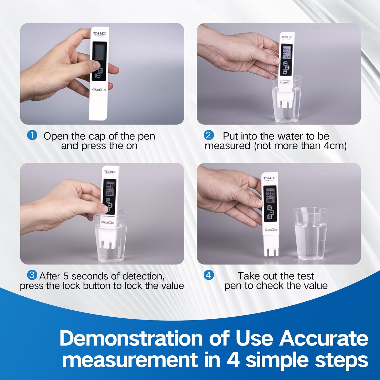 ZuanXin TDS Meter, 4 in 1 Water Quality Meter, Accurate and Reliable Digital TDS EC & Temp(°C,°F) TDS Meter 0-9990PPM Water PPM Tester for Drinking Water RO/DI System Aquarium (White)