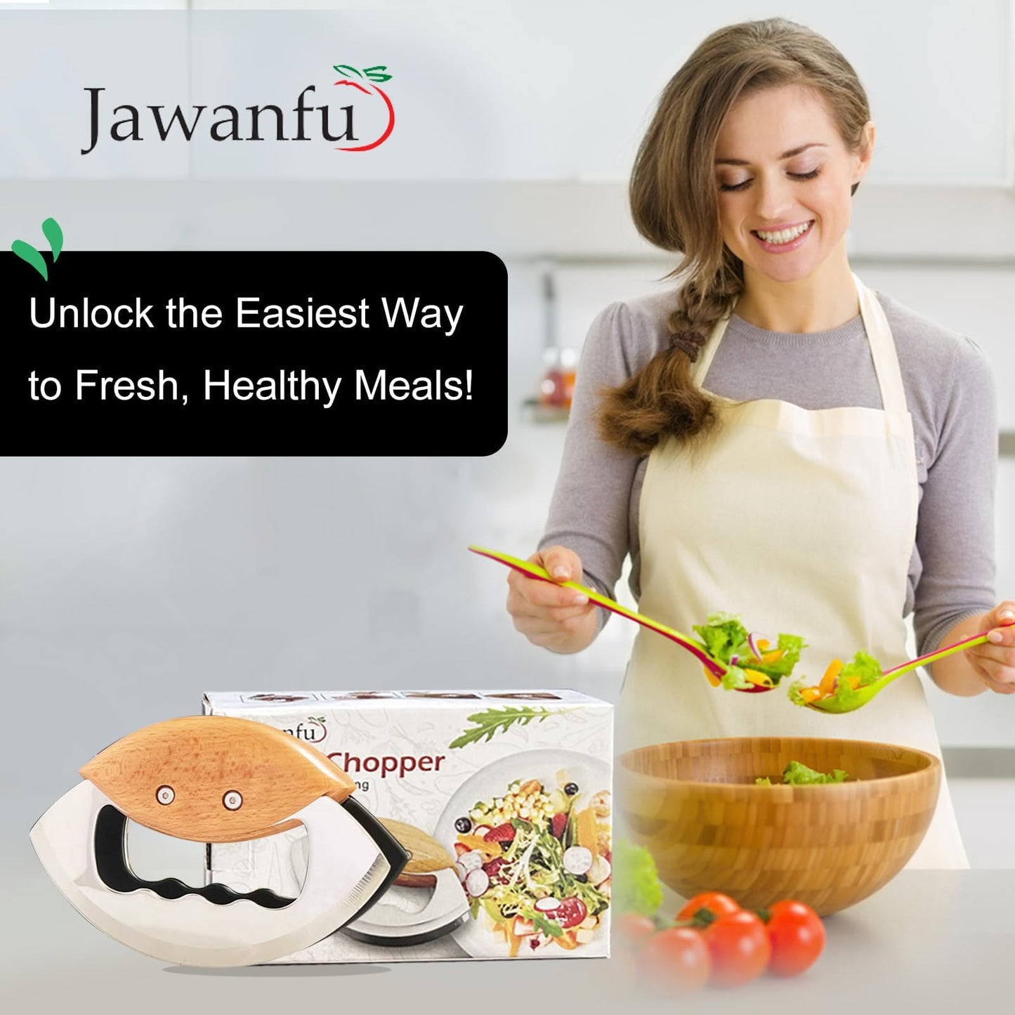 Jawanfu Salad Chopper, Ultra-sharp Salad Chopper Knife for Chopped Salad, Handheld Lettuce Chopper Kit for Salad Bowl, Wood Handle Salad Cutter, Stainelss Steel, Well Made (Double Blade)