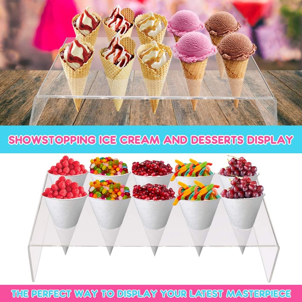 10-Hole Clear Acrylic Ice Cream Cone Holder Stand for Snow Cones, Sushi, & More - Recipe Ebook Included