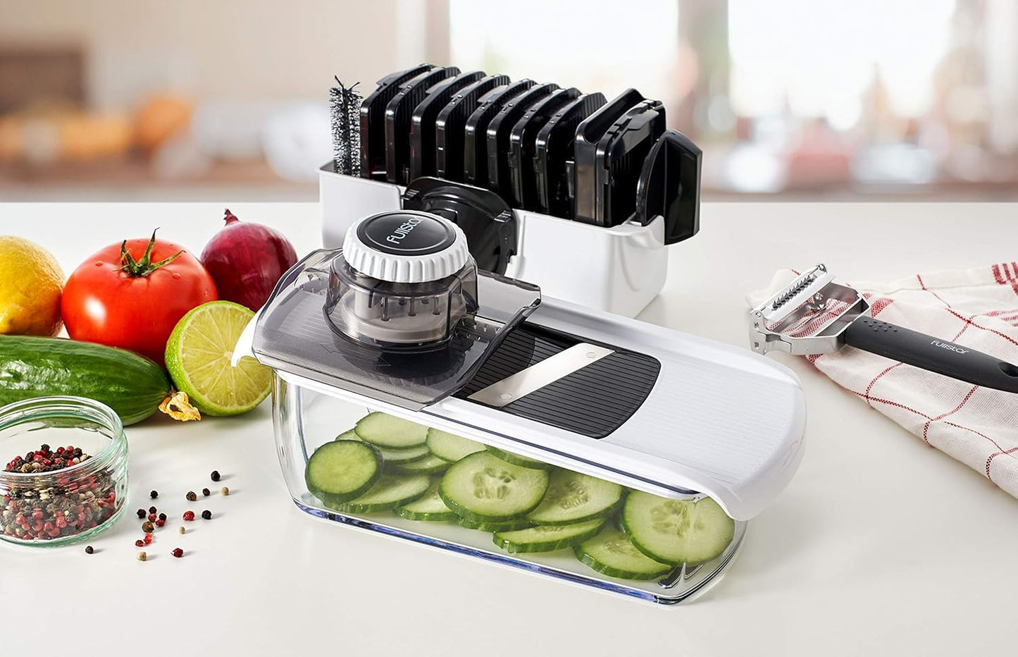 Fullstar Mandoline Slicer for Kitchen, Fruit Cutter, Cheese Grater, Cucumber Slicer, Veggie Spiralizer, Food Cutter & Kitchen Gadgets & Gifts with Safety Glove (11 in 1, Stainless Steel)