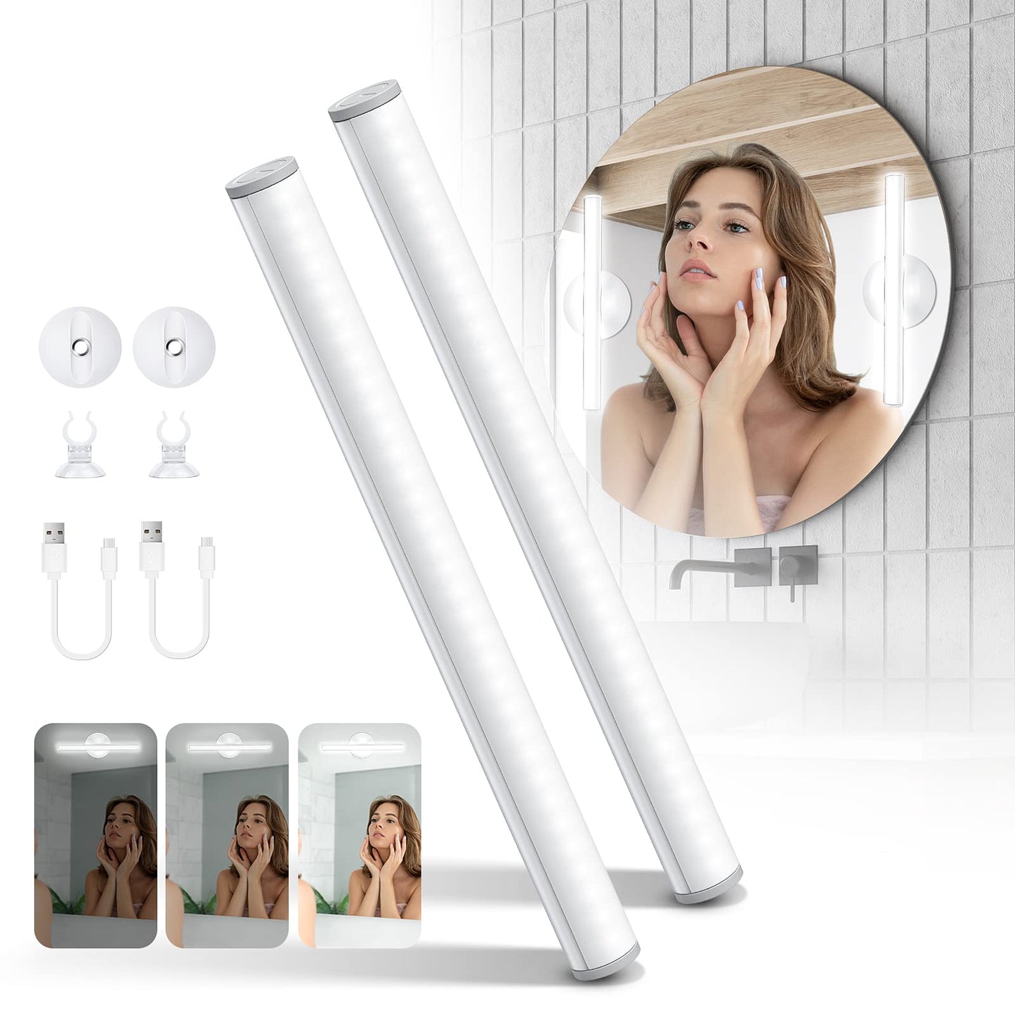 Benature LED Mirror Lights Portable Rechargeable Vanity Light 3 Brightness Touch Control Makeup Light for Bathroom Dressing Room 2 Packs