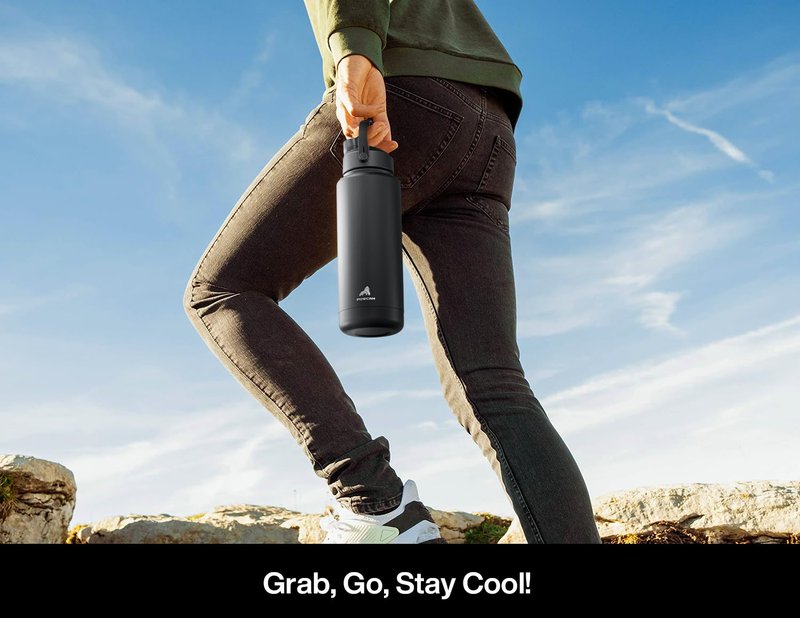 POWCAN 40 oz Insulated Water Bottle with 2-in-1 Straw and Spout Lid, Keep Cold 24H, Leak-Proof, BPA-Free, Double Wall Stainless Steel Water Bottle for Sports, Gym, Travel, and School (Dark Knight)