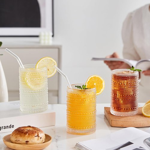 HomeVogue Vintage Hobnail Drinking Glasses Set of 12, 15oz Textured Tumblers - Embossed Clear Bar Glasses for Cocktails, Beer, Whiskey, Dishwasher-Safe Highball Cups for Kitchen, Juice & Mixed Drinks