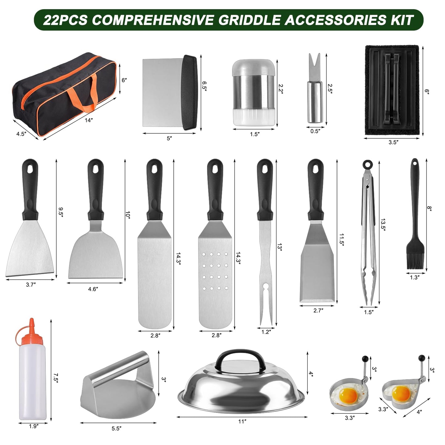 22PCS Blackstone Griddle Accessories, Flat Top Grill Accessories for Blackstone and Camp Chef, Griddle Spatula Set with Metal Spatula, Enlarged Spatulas, Basting Cover, Scraper for Outdoor Barbecue