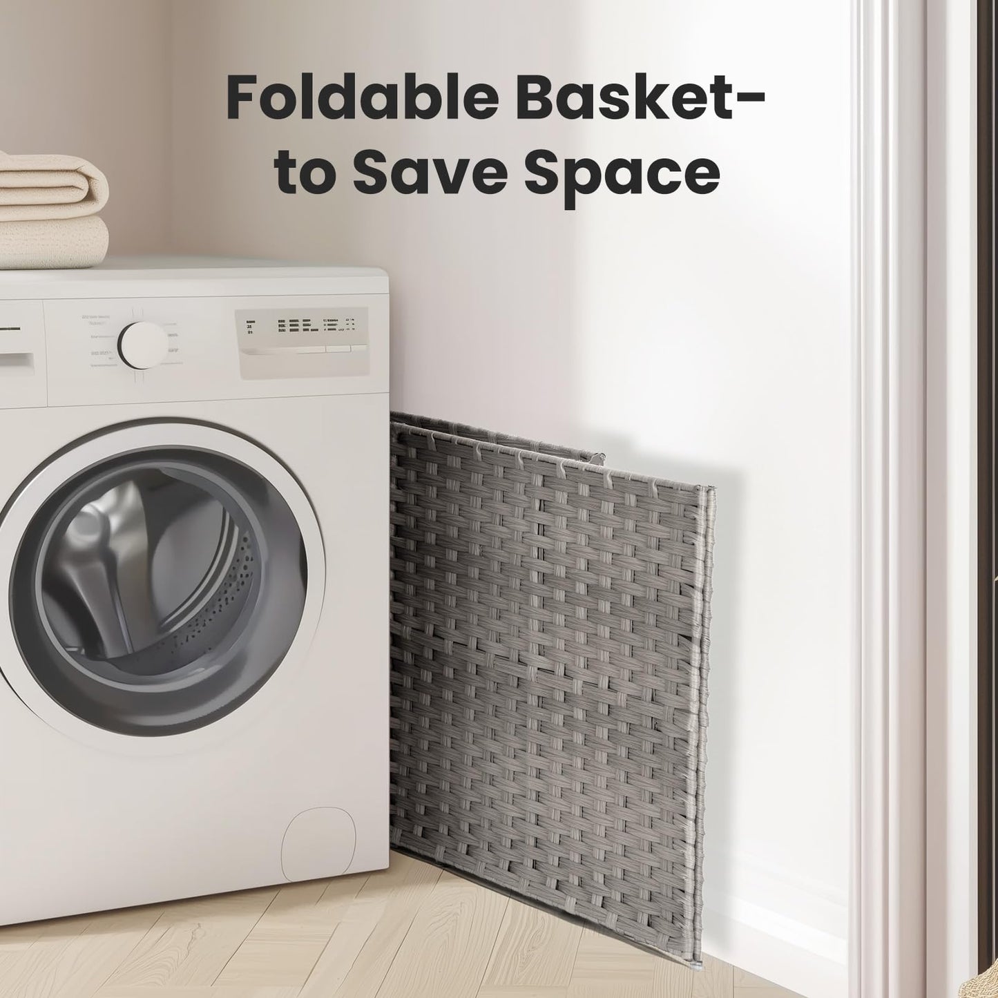 Elevon 90L Laundry Basket with Lid, Hand-Woven Pp Rattan Laundry Hamper with Compartments & Handles, Foldable, Large Capacity Clothes Basket with Removable Liner for Bathroom, Light Gray