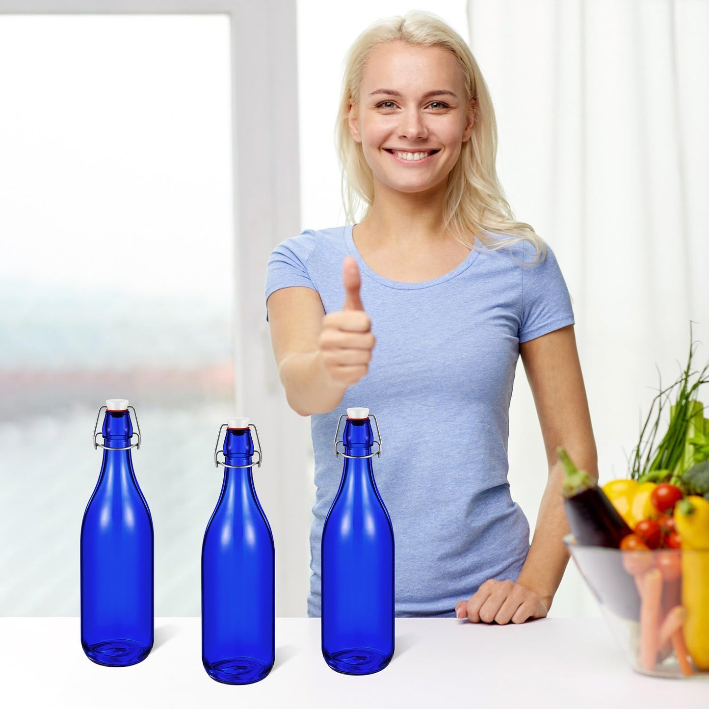 Teenyyou 6 Pcs Cobalt Blue Glass Bottles 1 L/ 33.75 oz Decorative Wine Bottles Flip Top Glass Water Bottle with Airtight Lid for Home Decor Garden Tree Yard Outdoor Decorations