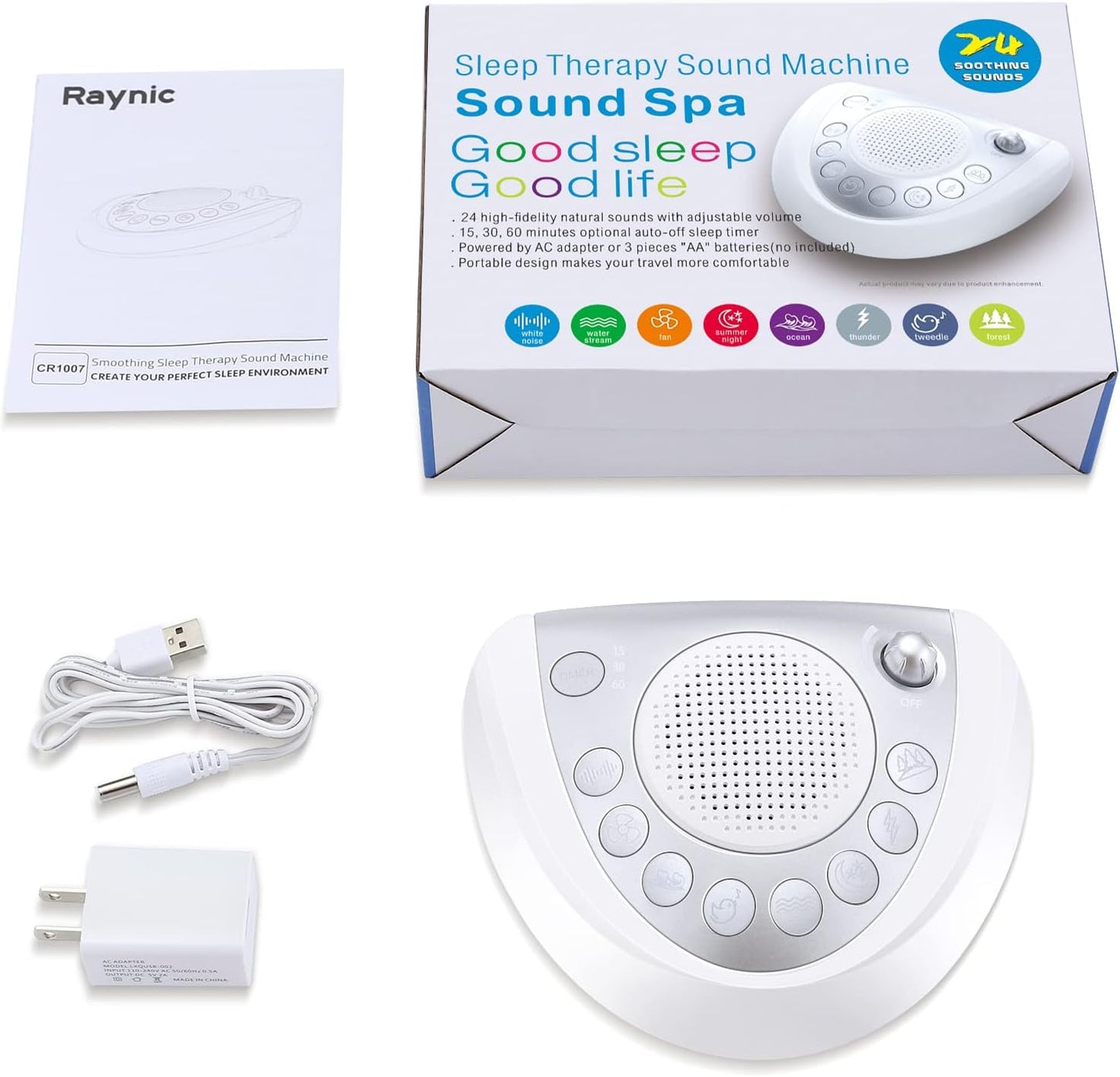Raynic White Noise Machine - Portable Battery-Powered Sleep Aid with 24 Soothing Sounds | USB Port & Timer