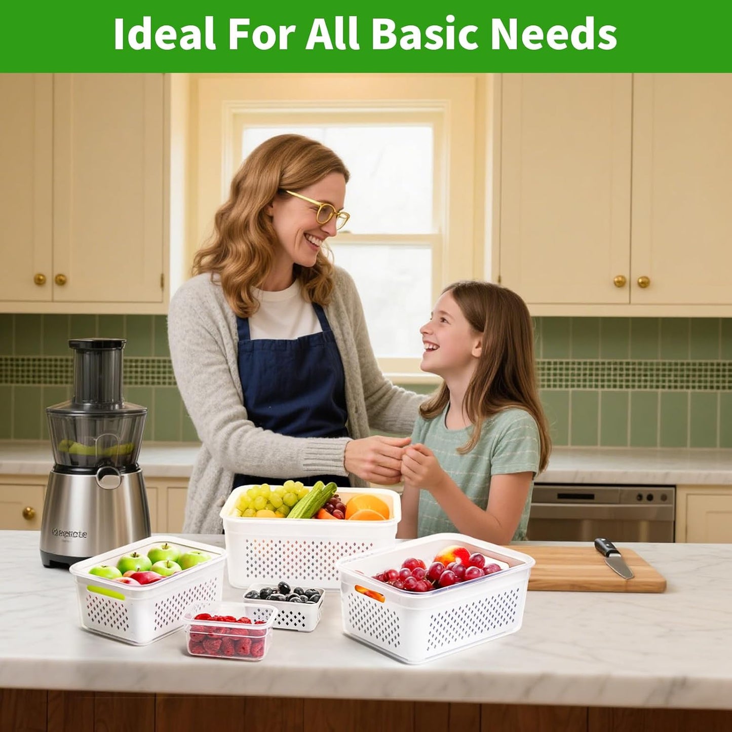 PRAKI 5-Pack Large Fruit Storage Containers - BPA-Free Fridge Organizers with Removable Colander
