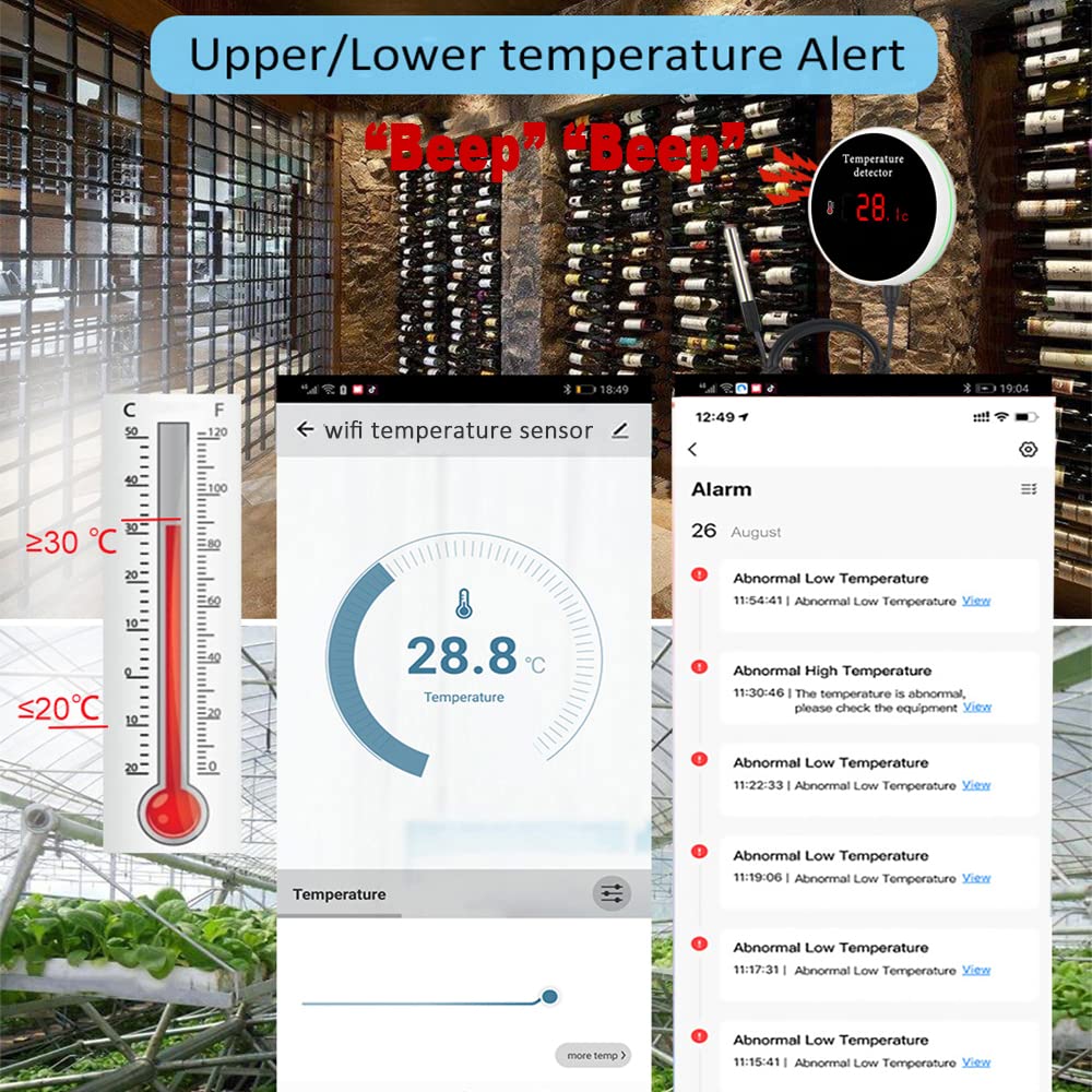 WiFi Temperature Sensor Smart Thermometer: Digital Temperature Monitor Gauge with Waterproof External Probe, App Alert & Buzzer Alarm, Rechargeable Battery, for Freezer, Refrigerator, Fish Tank