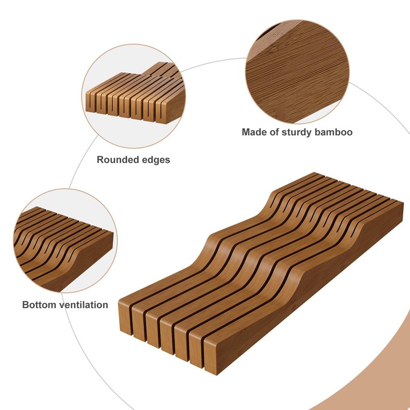 In-Drawer Knife Block Organizer - Bamboo Wood Drawer Knife Organizer-Protecting Knife Organizer Block (Not Included) (Brown, 13 Knives Dock)