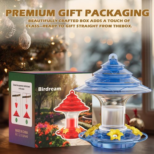 Birdream Hummingbird Feeder - 20 Oz Outdoor Feeder with 5 Bee Guard Ports & Ant Moat - Blue