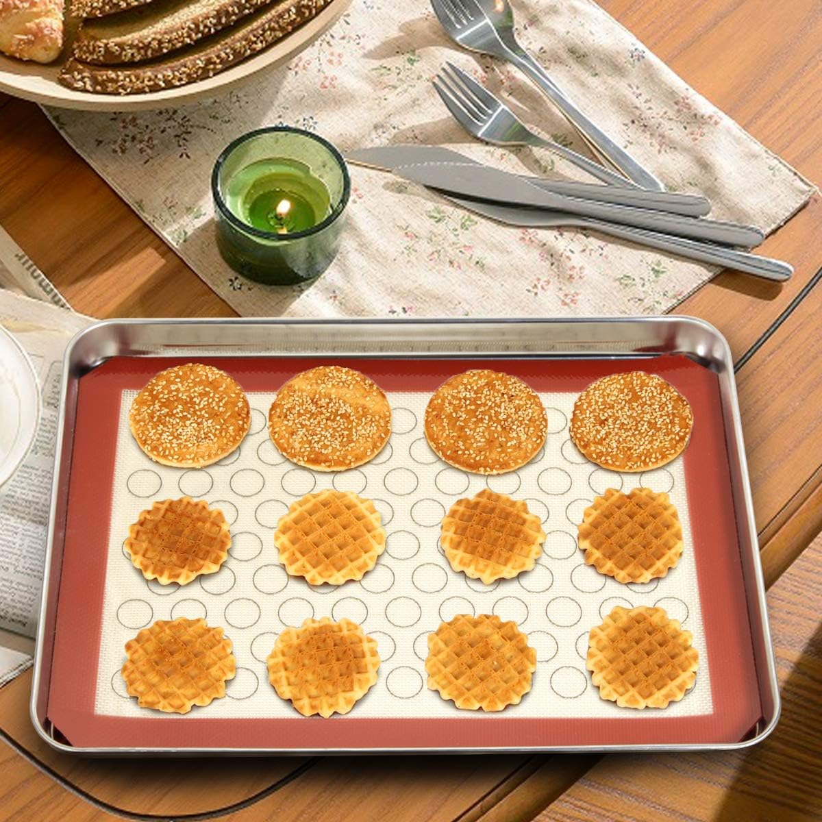 Wildone Baking Sheet Set - Stainless Steel Cookie Sheets with Silicone Mats | 4-Piece (10 x 8 x 1 Inch)