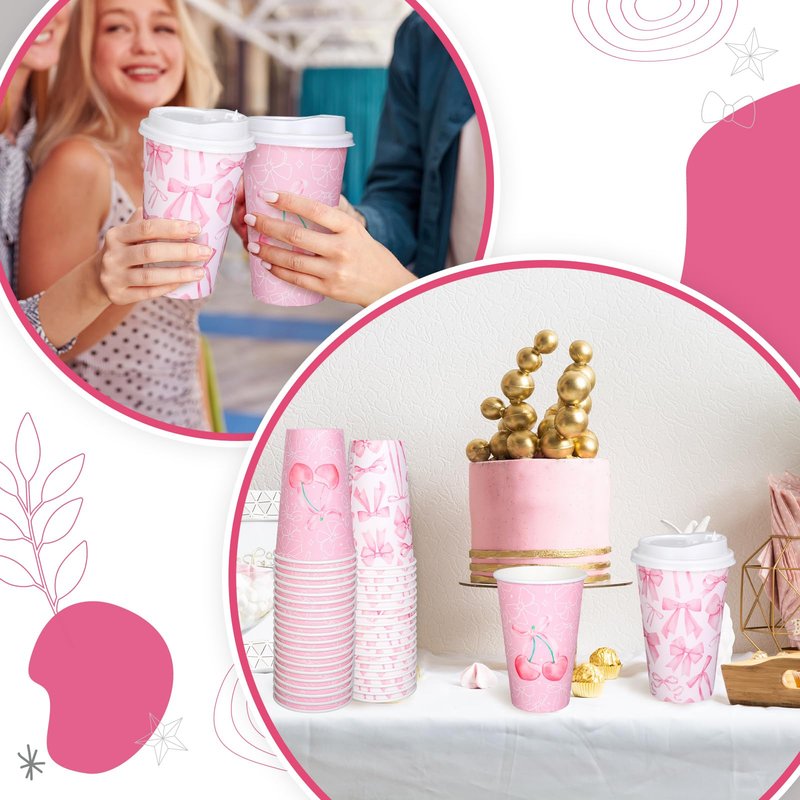 FYSUIMU 50 Pcs Pink Bow Coffee Paper Cups Cherry Bowknot Coquette 16 Oz Disposable Cups with Lids for Hot Cold Drinks Birthday Baby Shower Bachelorette Party Supplies, 2 Designs