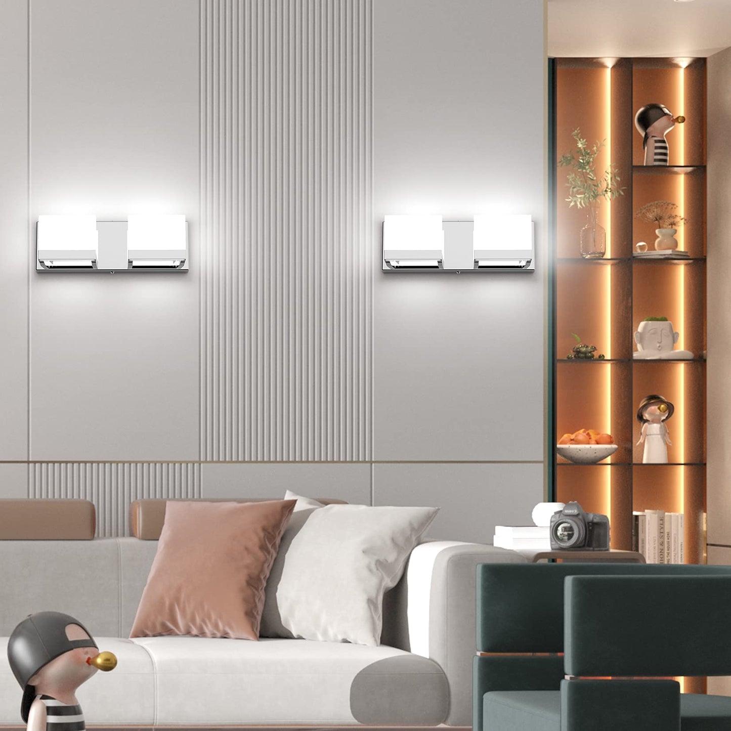 Tipace LED Dimmable Modern 2-Light Vanity Fixture for Bathroom - Frosted White Acrylic Chrome Up and Down Light Over Mirror (6000K)