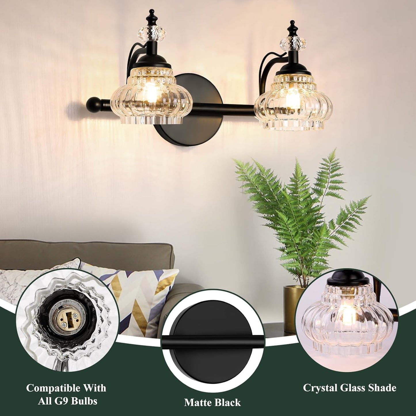 Bathroom Vanity Light Fixtures Over Mirror, Matte Black Vintage Glass Crystal Bathroom Vanity Lighting Fixtures, 2 Lights Wall Sconce for Bathroom Bedroom Kitchen Living Room Dressing Room