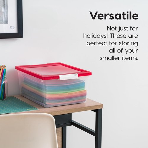 IRIS USA 12 Qt. Plastic Storage Bins - Stackable Craft Organizers with Lids | Clear/Red, 4 Pack
