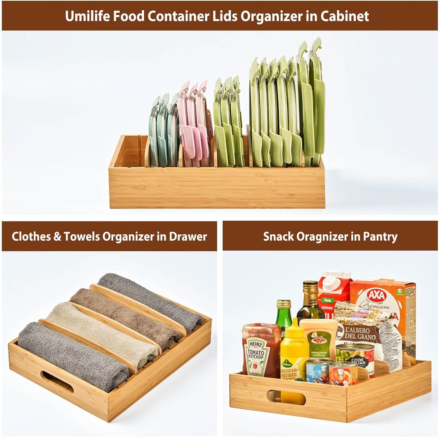 Umilife Kitchen Cabinet Organizer - Adjustable Bamboo Drawer Caddy for Food Storage Container Lids