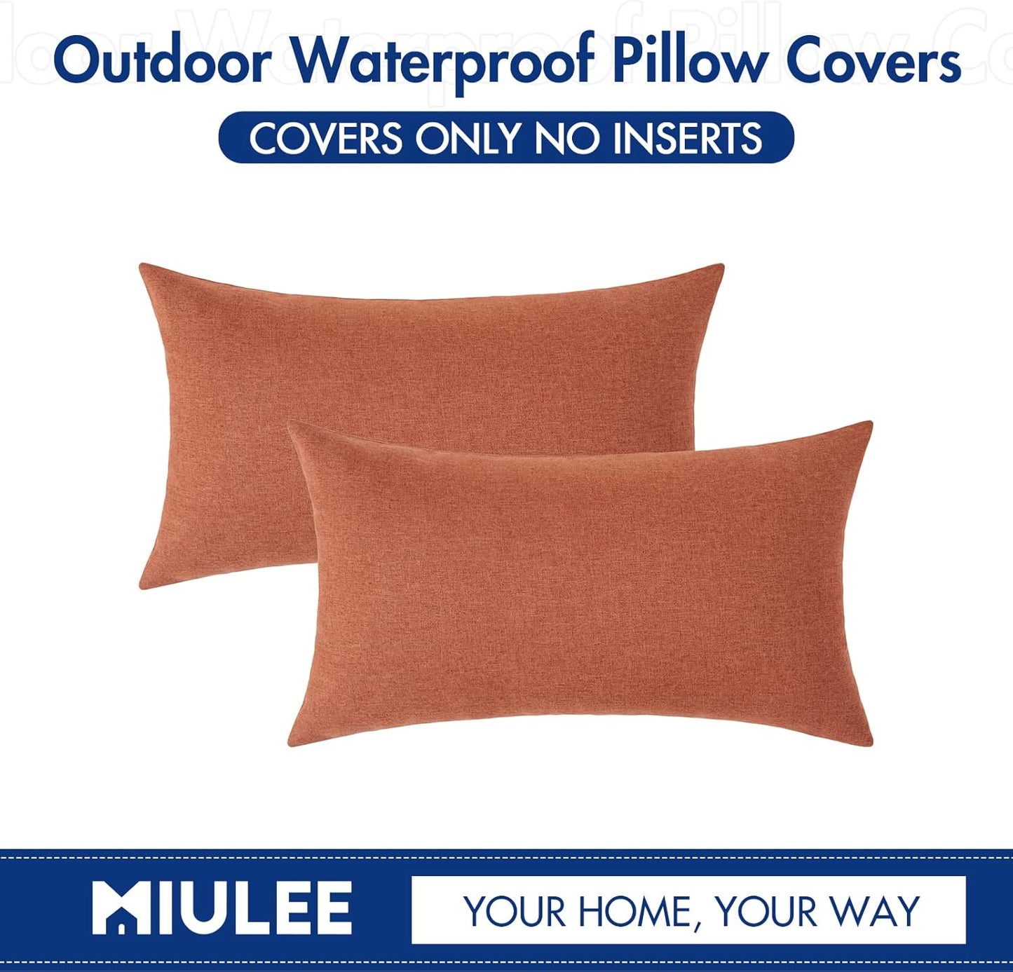 MIULEE Decorative Outdoor Throw Pillow Covers - Waterproof Faux Linen Cushion Cases | 20x12 Inch Coral Red (Pack of 2)
