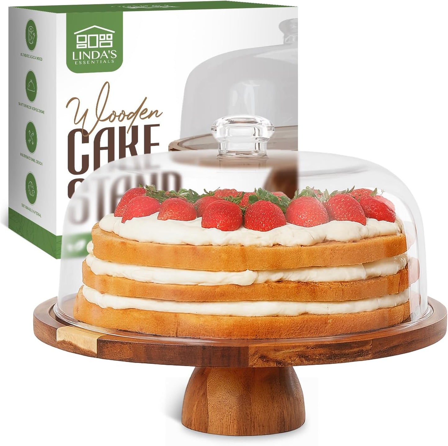 Linda’s Essentials Acacia Wood Cake Stand - 12-Inch Round Holder with Lid & Bonus Cake Sheets | Versatile Dome & Charcuterie Board
