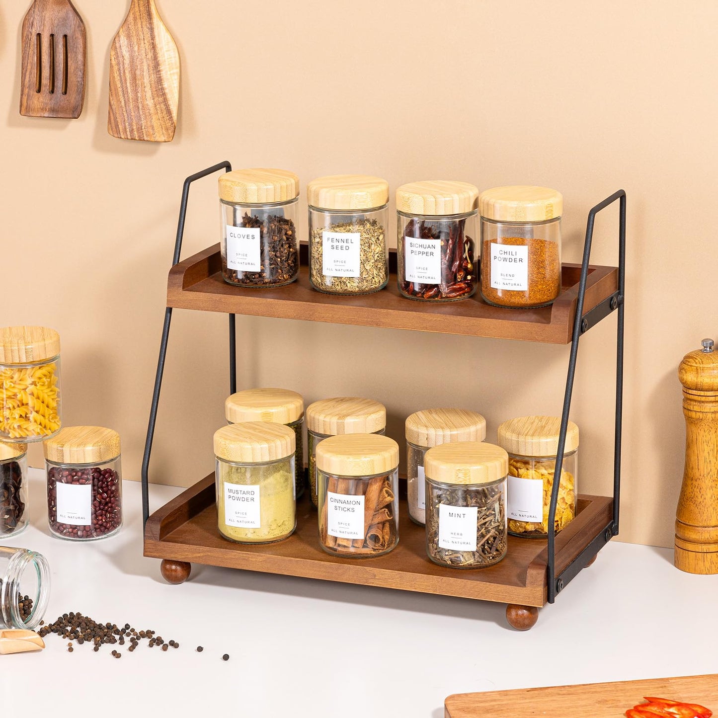 FavorFlavor 12-pack 10oz Glass Spice Jars with Labels, Spice Containers with 12 Wooden Spoons, Airtight Seasoning Containers with Bamboo Lids