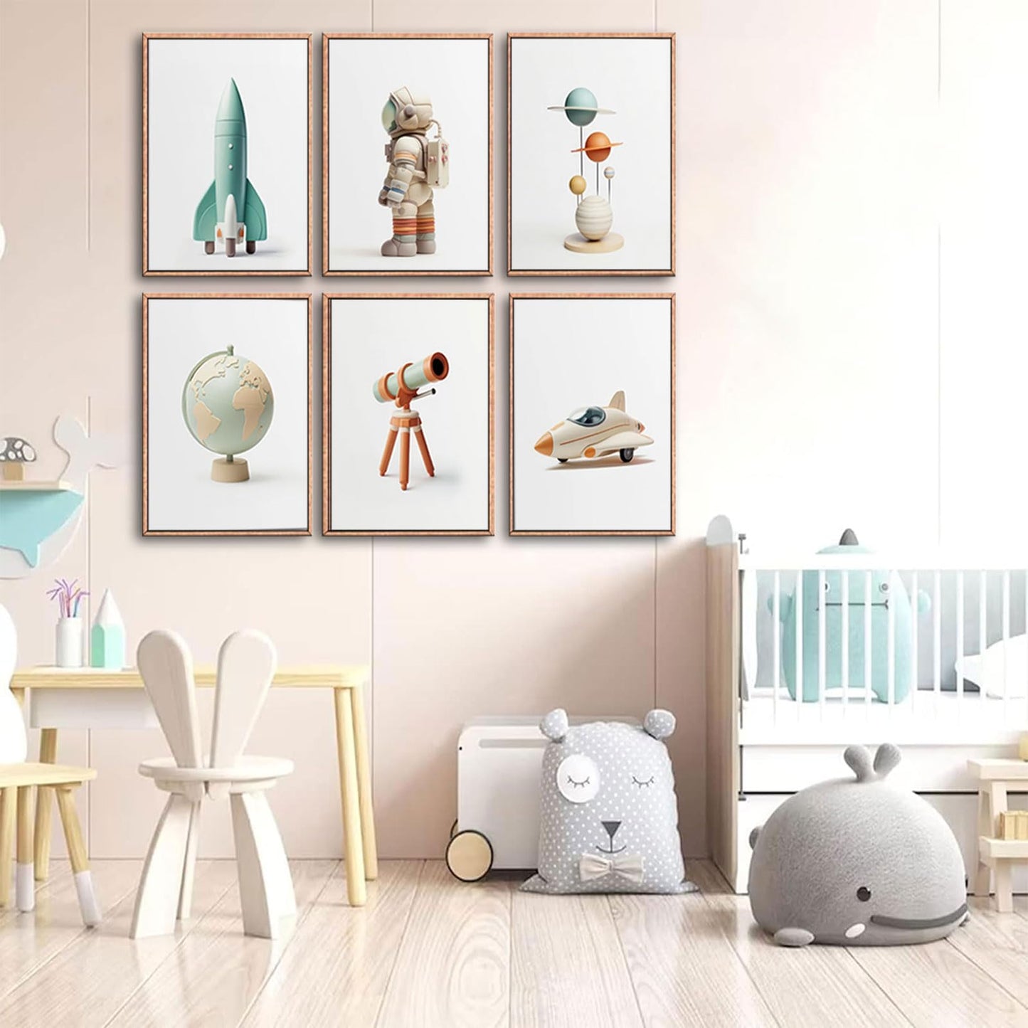 6pcs Nursery Astronaut Canvas Wall Art Boys Room Space Wall Decor Pictures Rocket Spaceman Earth Posters Prints for Classroom Toddler Boys Room Playroom Decoration Unframed