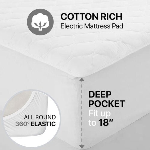 Beautyrest Cotton Blend Heated Mattress Pad Secure Comfort Technology - Luxury Quilted Electric Mattress Pad with Deep Pocket - 5-Setting Heat Controllers, Twin XL , White