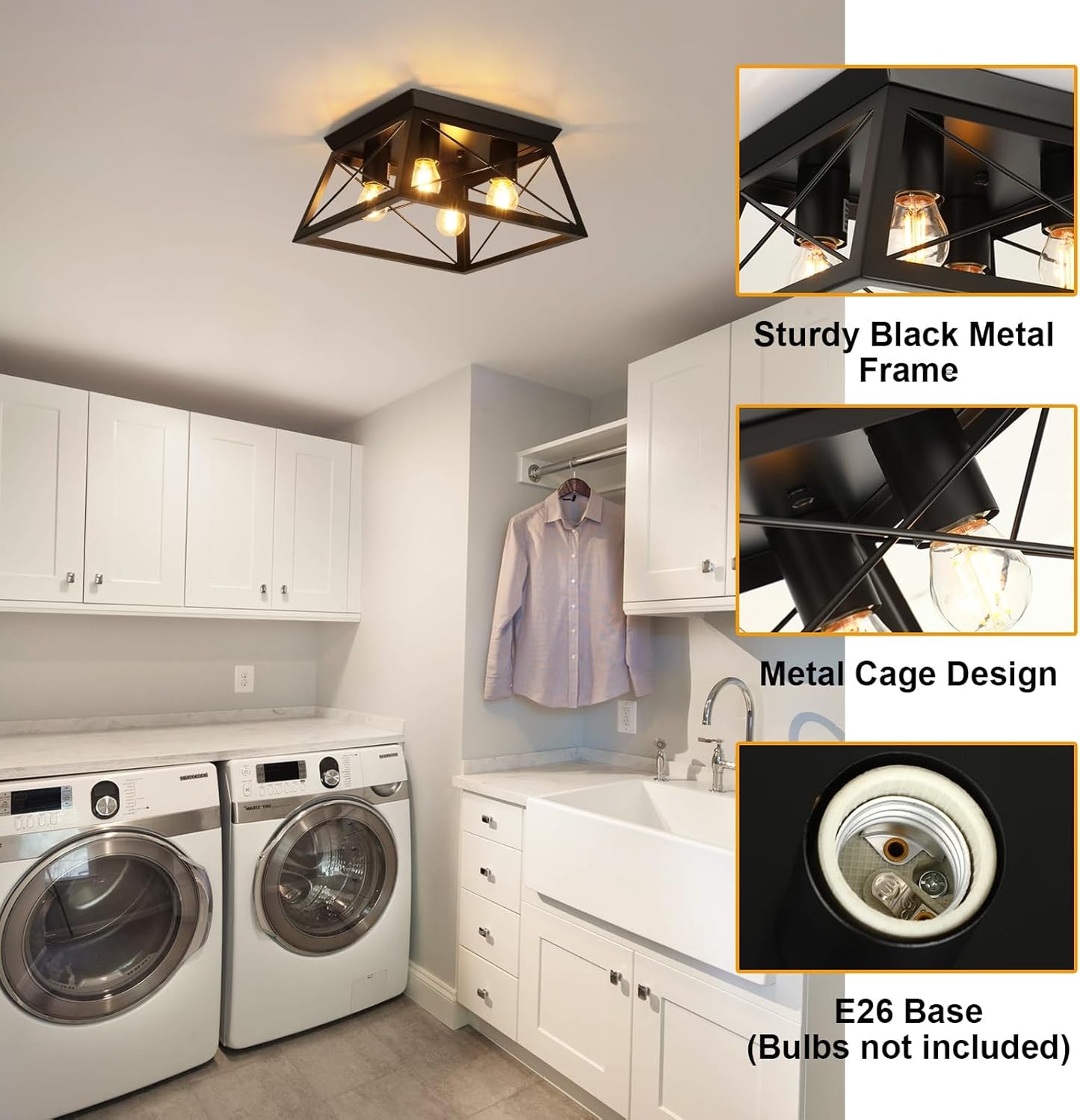 Farmhouse Flush Mount Ceiling Light Oak White Ceiling Light Fixtures 2-Light Industrial Vintage Metal-Framed Ceiling Lighting for Hallway Foyer Kitchen Dining Room Bedroom Living Room Laundry