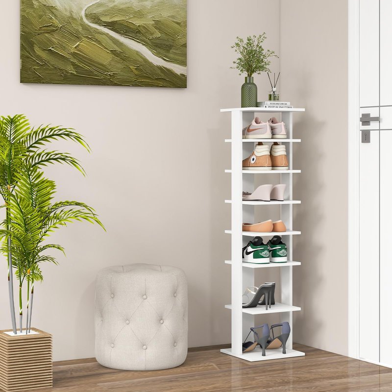 HOMGX 7-Tier Vertical Shoe Rack, Tall Narrow Shoe Storage with Removable Shelves, Space Saving Shoe Tower Organizer, Free Standing Corner Shoe Rack for Entryway, Bedroom, Living Room (White)
