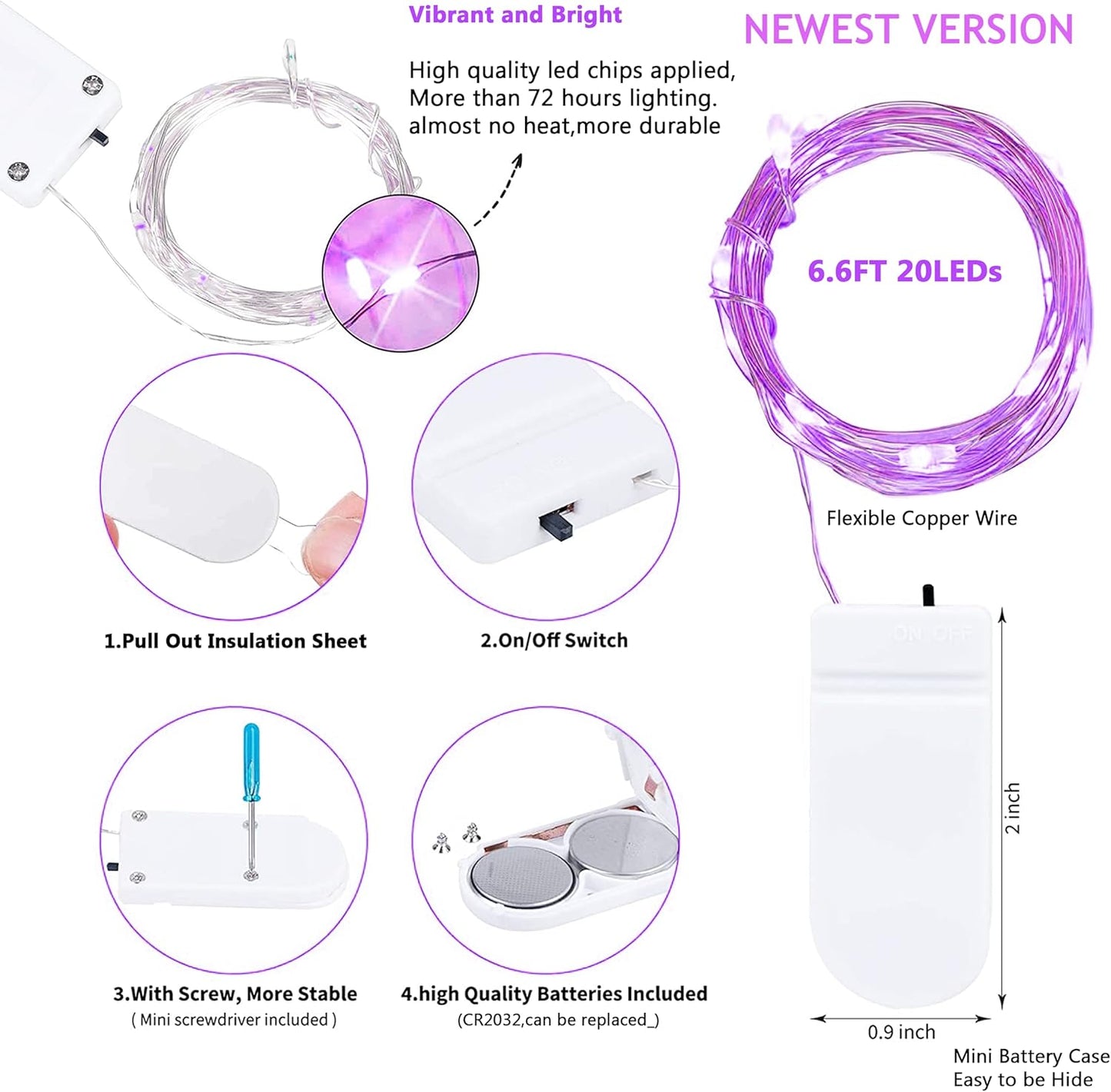 SmilingTown 20 LED Purple Fairy Lights - Battery Operated 6.6ft Waterproof String Lights for DIY Decor