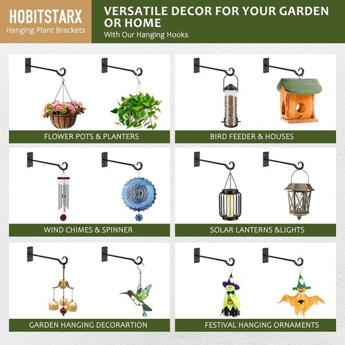 Heavy Duty Plant Hangers - Hand-Forged Wrought Iron Wall Hooks - 12 Inch Black Brackets for Outdoor Plants, Lanterns & Bird Feeders