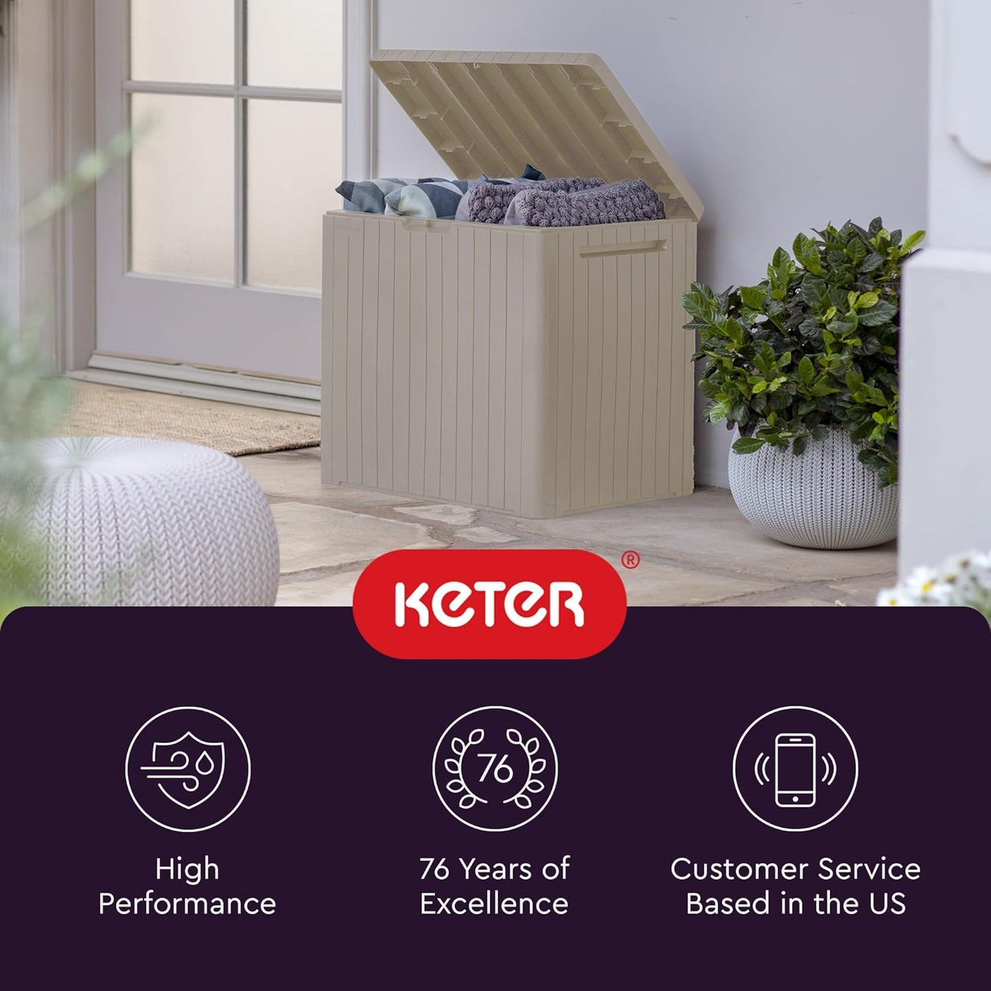 Keter City 30 Gallon Resin Outdoor Storage Box - Versatile Patio Furniture & Garden Organizer | Beige