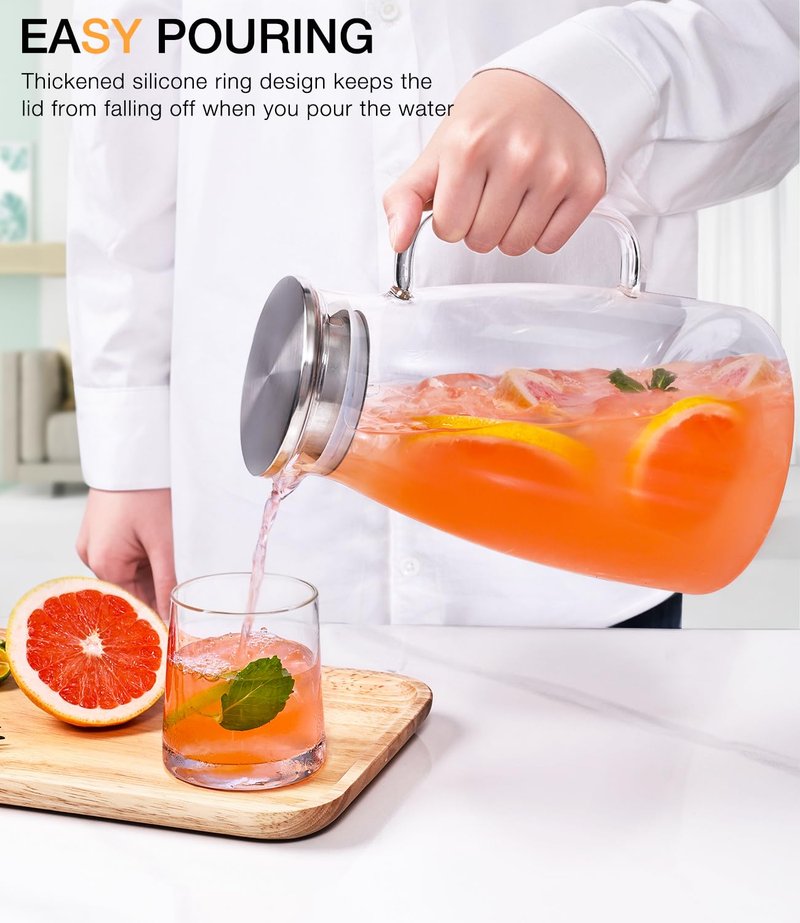 Potdoctor Glass Pitcher with Lid, 2 Liter 68oz Water Pitcher with Handle and Spout for Fridge, Borosilicate Glass for Iced Tea, Juice, Sangria, Cold/Hot Beverage, Large Jug