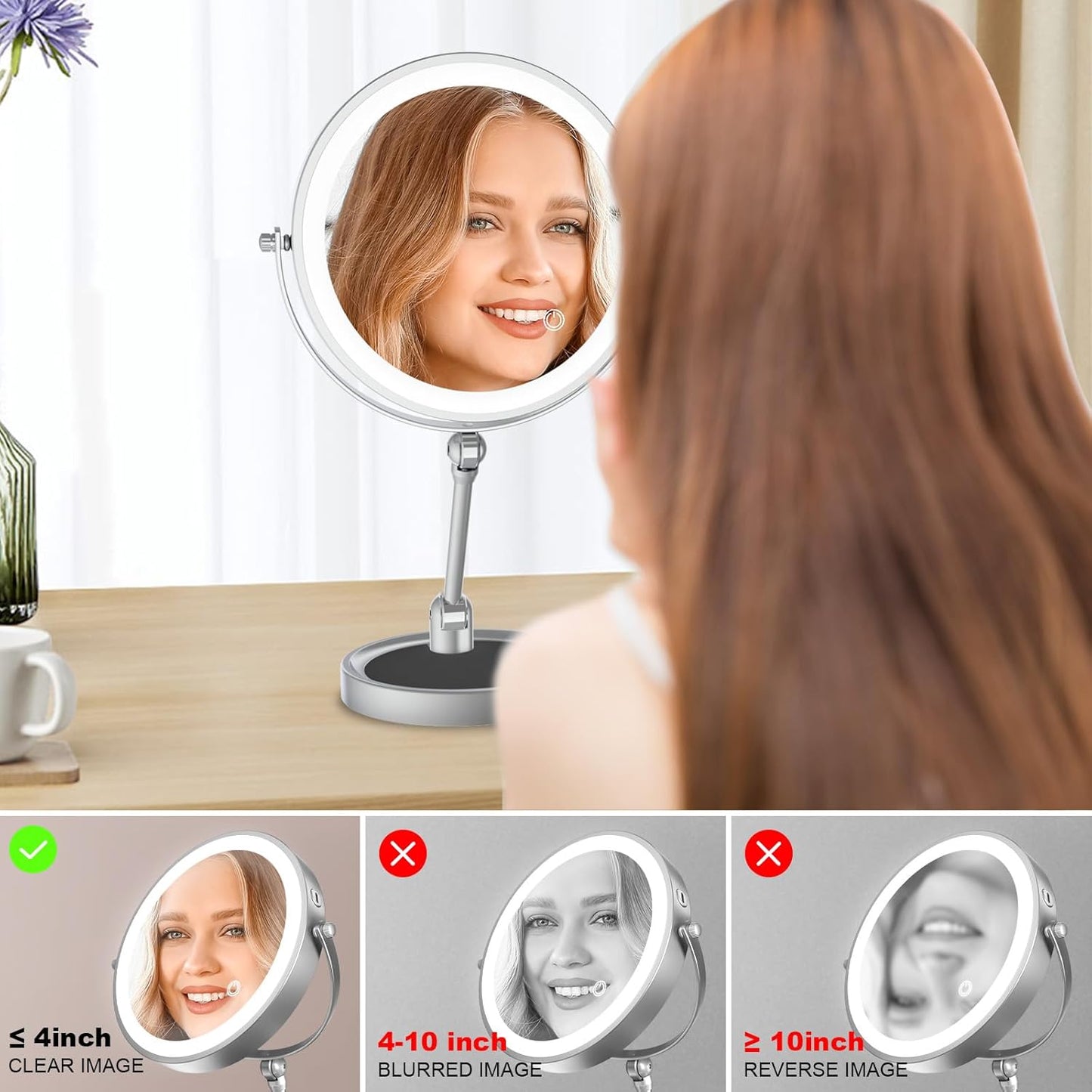 Tabletop Standing Makeup Mirror with Adjustable Height, 8Inch Mirror