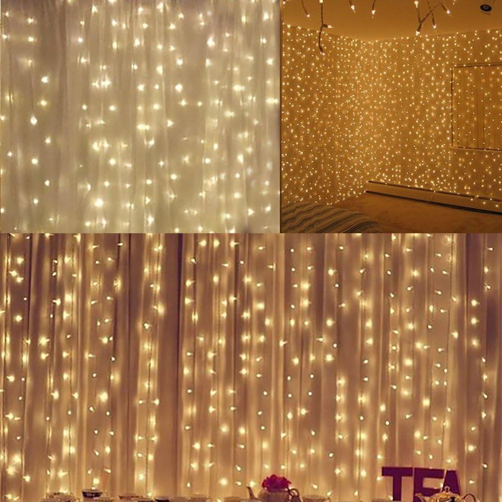 300 LED Twinkle Star Curtain String Lights - Warm White for Wedding, Home & Garden Decor