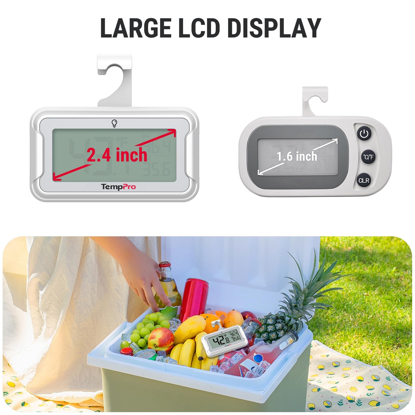 TempPro Refrigerator Thermometer 2 Pack with Large Backlit LCD Display, Waterproof Freezer Fridge Thermometer with Max/Min Record, Easy Battery Replacement for Room, Cooler (Previously ThermoPro)