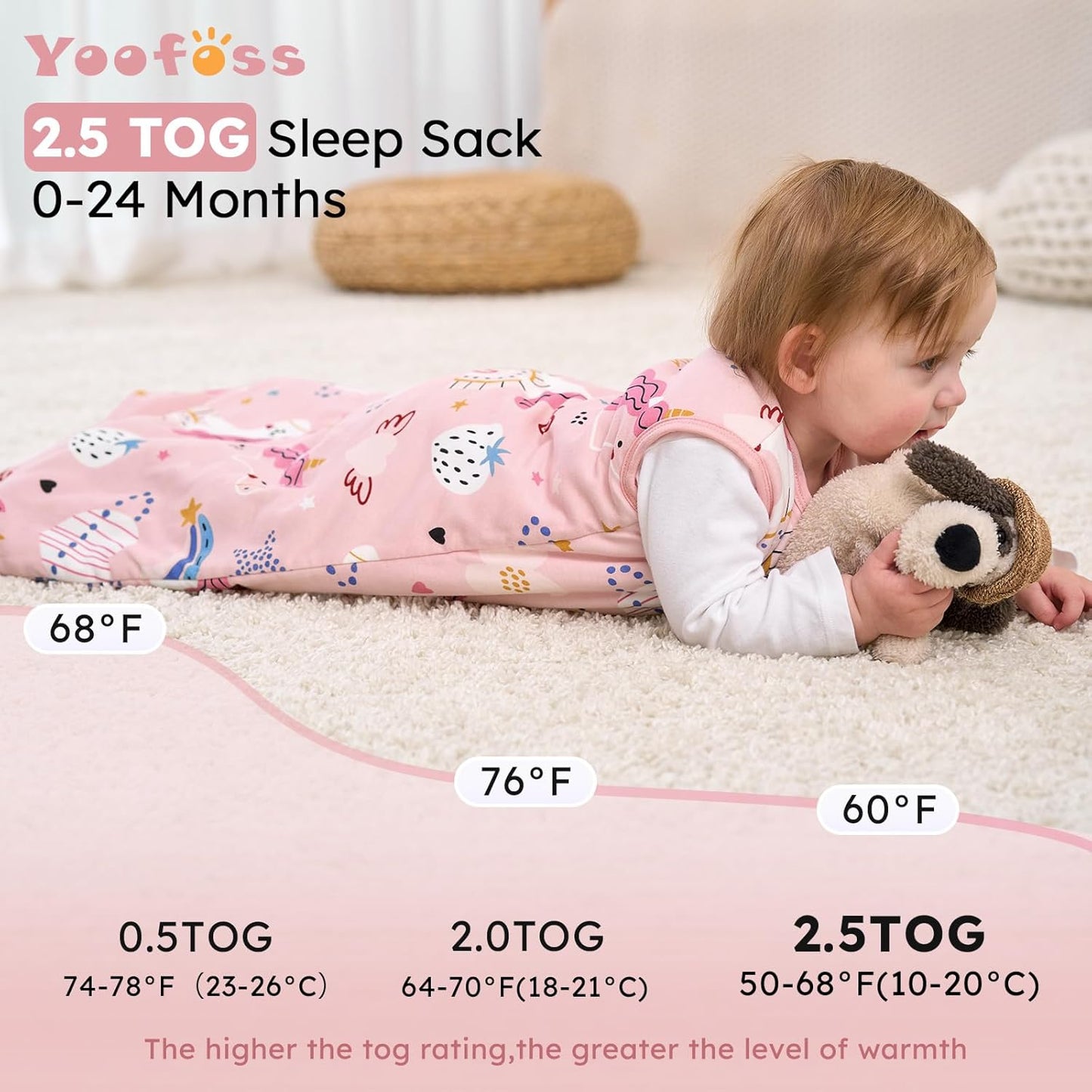 Yoofoss Baby Sleep Sack - 100% Organic Cotton Wearable Blanket for 6-12 Months | TOG 2.5, 2-Way Zipper