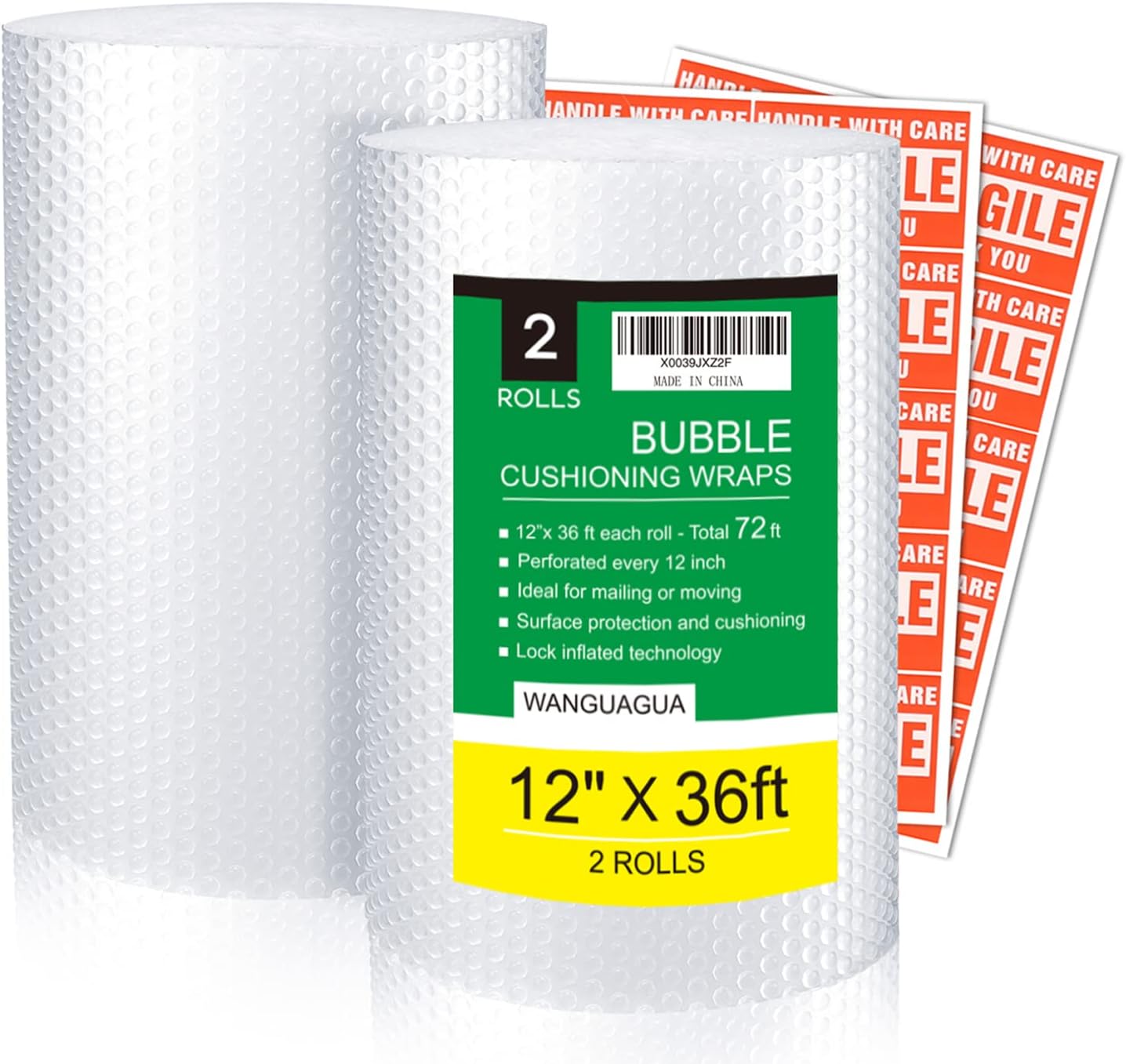 Wanguagua Bubble Packing Wrap - 2 Pack of 12 Inch x 72 Ft for Moving & Shipping Cushioning