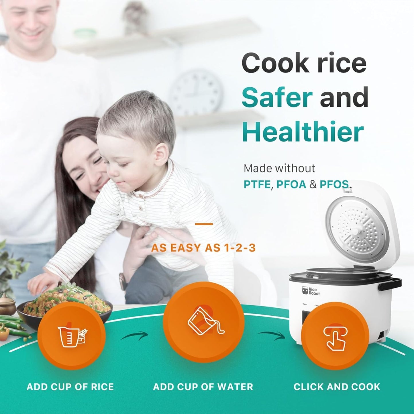 Rice Robot Rice Cooker - 4-Cup Uncooked (8 Cups Cooked) Electric Rice Maker | PFAS-Free Ceramic Nonstick