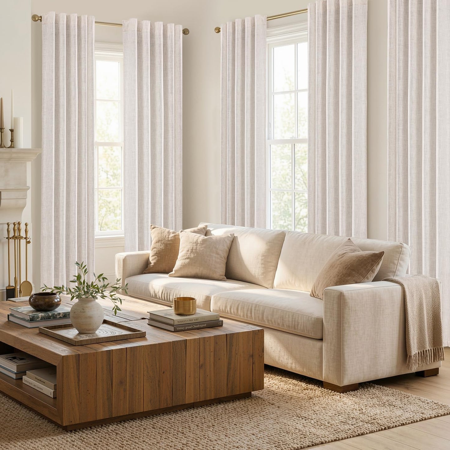 MIULEE Thick Linen Curtains - 96-Inch Semi-Sheer Drapes for Living Room | Ivory, Set of 2 Panels