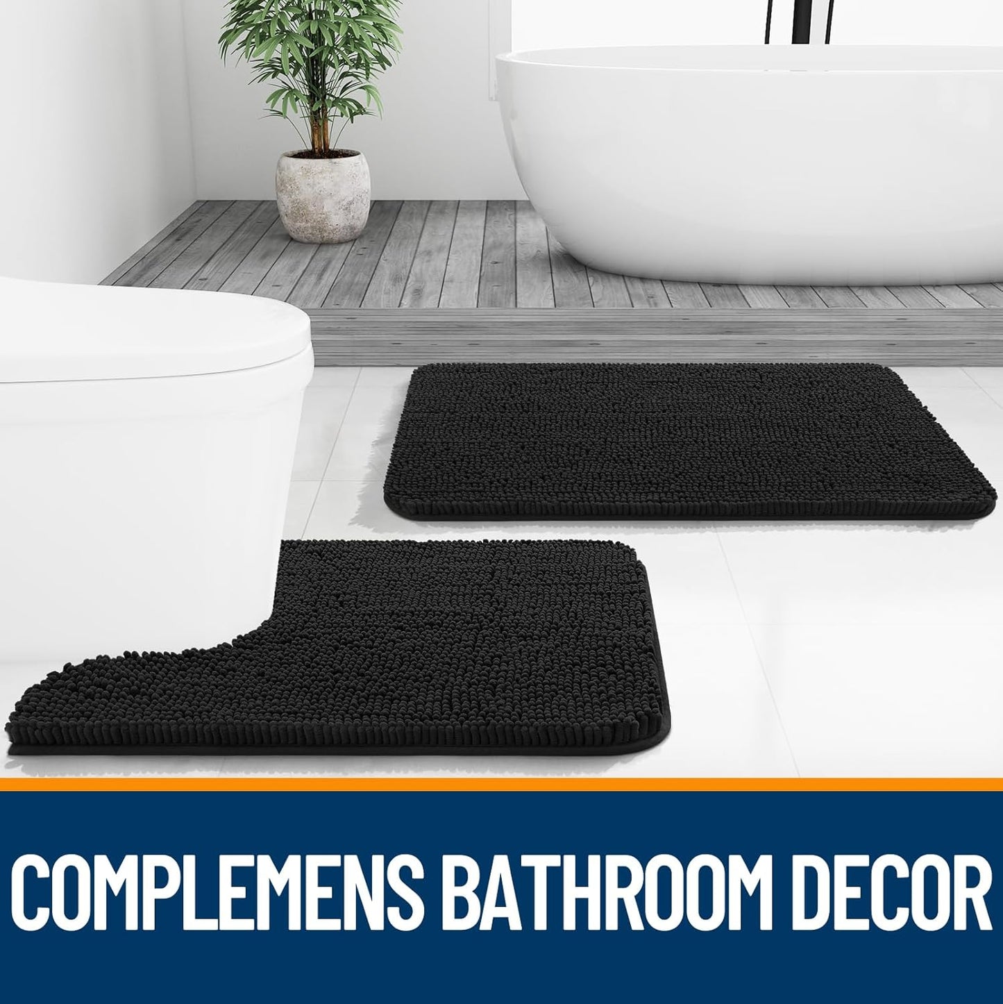 OLANLY Bathroom Rugs - Extra Soft Chenille Bath Mats | Quick-Dry, Machine Washable, 34x21, Black