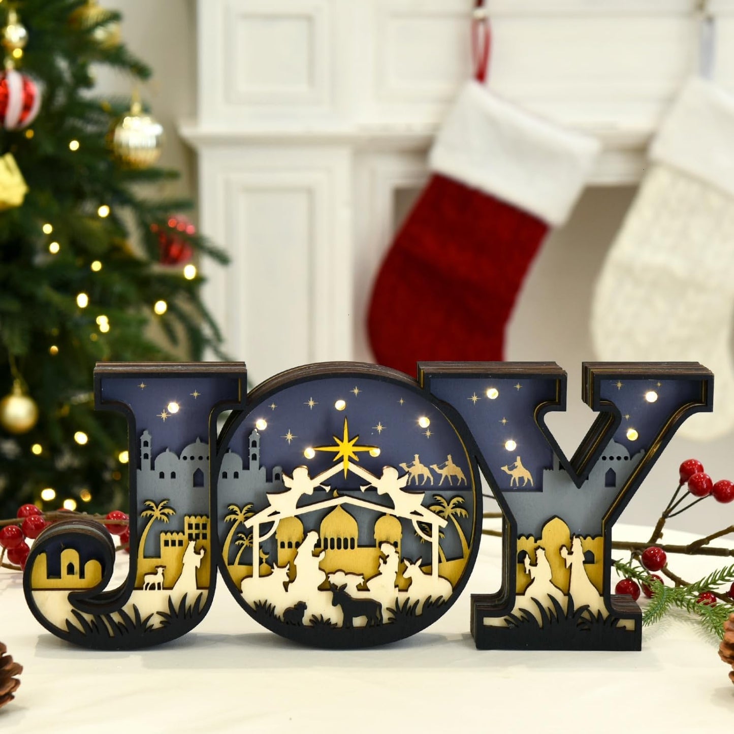 Regine Switzerland Christmas Nativity Set - 3D Religious Scene with LED Lights for Tabletop Decor