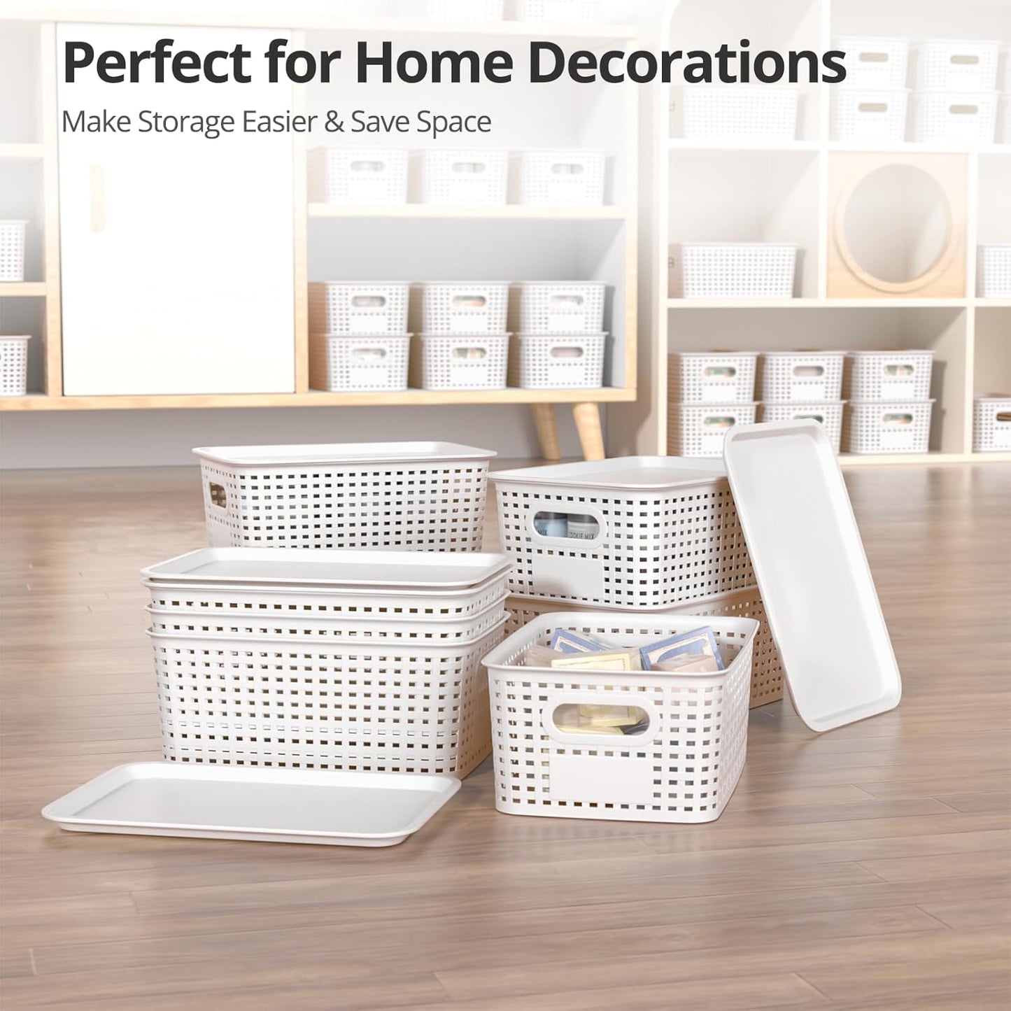 Skiennix Plastic Storage Basket - Stackable Organizing Bins with Lid | 8 Pack, 10.2x7.2x4.1 Inch, White